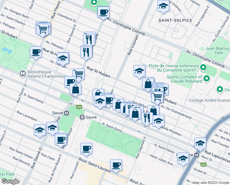 map of restaurants, bars, coffee shops, grocery stores, and more near 9485 Avenue Millen in Montréal