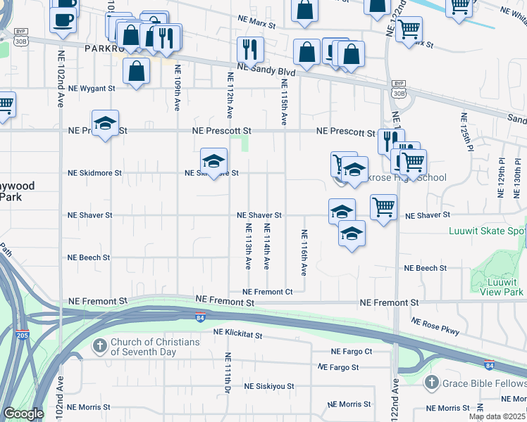 map of restaurants, bars, coffee shops, grocery stores, and more near 4007 Northeast 114th Avenue in Portland