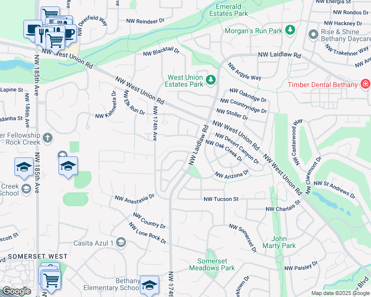 map of restaurants, bars, coffee shops, grocery stores, and more near 17151 Northwest Gold Canyon Lane in Beaverton