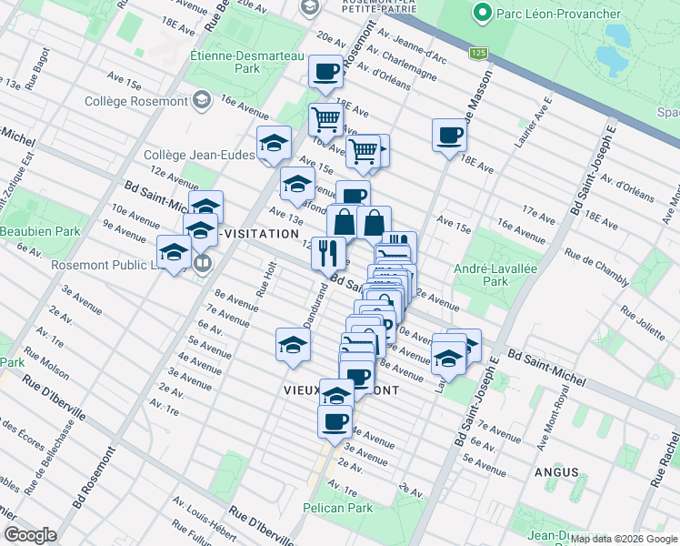 map of restaurants, bars, coffee shops, grocery stores, and more near 5553 Boulevard Saint-Michel in Montréal