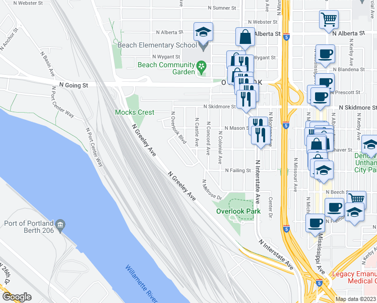 map of restaurants, bars, coffee shops, grocery stores, and more near 3971 North Overlook Boulevard in Portland