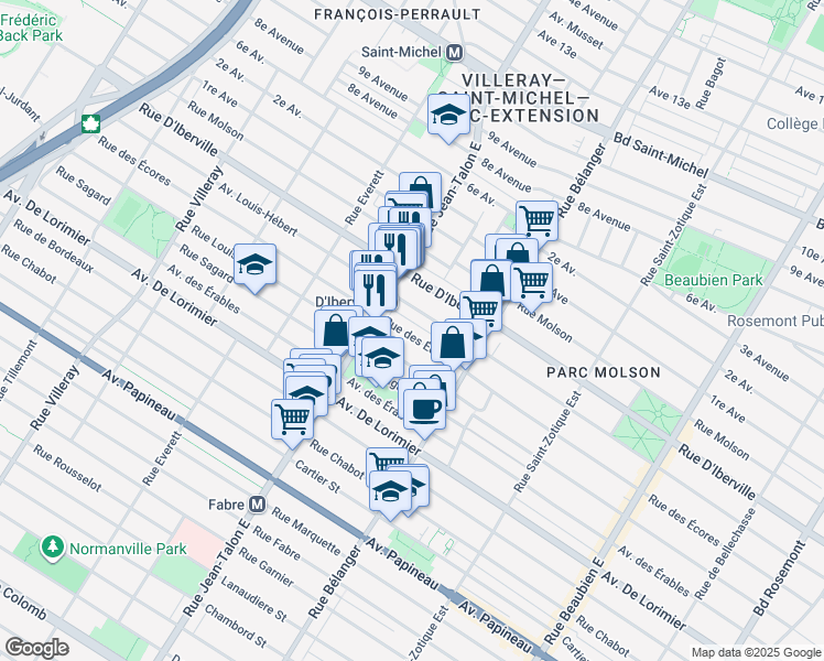 map of restaurants, bars, coffee shops, grocery stores, and more near 7065 Rue des Écores in Montréal