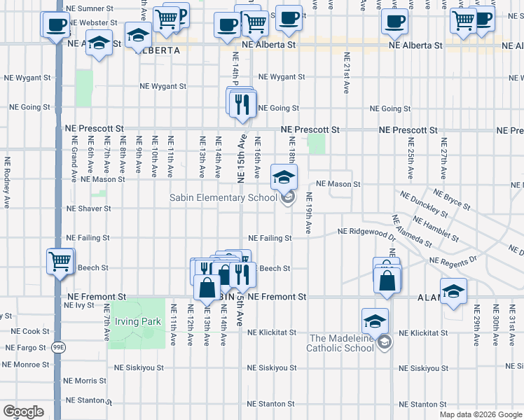 map of restaurants, bars, coffee shops, grocery stores, and more near 4004 Northeast 16th Avenue in Portland
