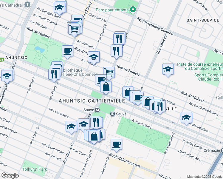 map of restaurants, bars, coffee shops, grocery stores, and more near 9663 Rue Basile-Routhier in Montréal