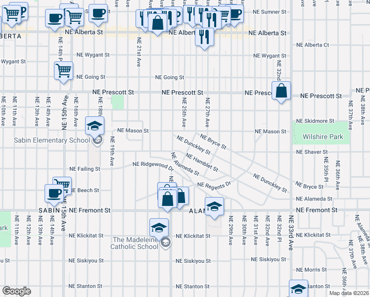 map of restaurants, bars, coffee shops, grocery stores, and more near 2517 Northeast Hamblet Street in Portland