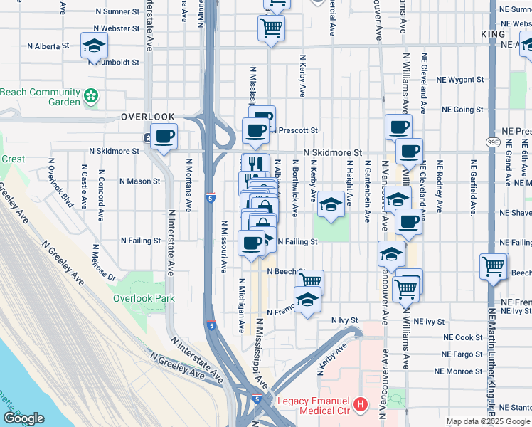 map of restaurants, bars, coffee shops, grocery stores, and more near 802 North Shaver Street in Portland