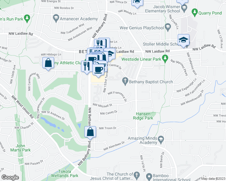 map of restaurants, bars, coffee shops, grocery stores, and more near 15157 Northwest Francesca Drive in Portland