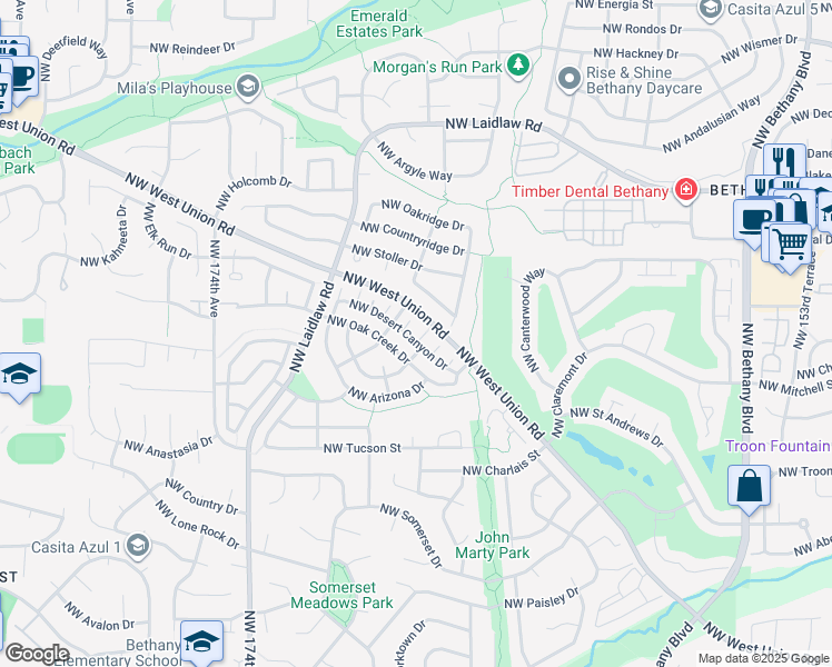 map of restaurants, bars, coffee shops, grocery stores, and more near 16754 Northwest Desert Canyon Drive in Beaverton