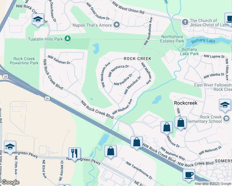 map of restaurants, bars, coffee shops, grocery stores, and more near 4470 Northwest Neskowin Avenue in Portland