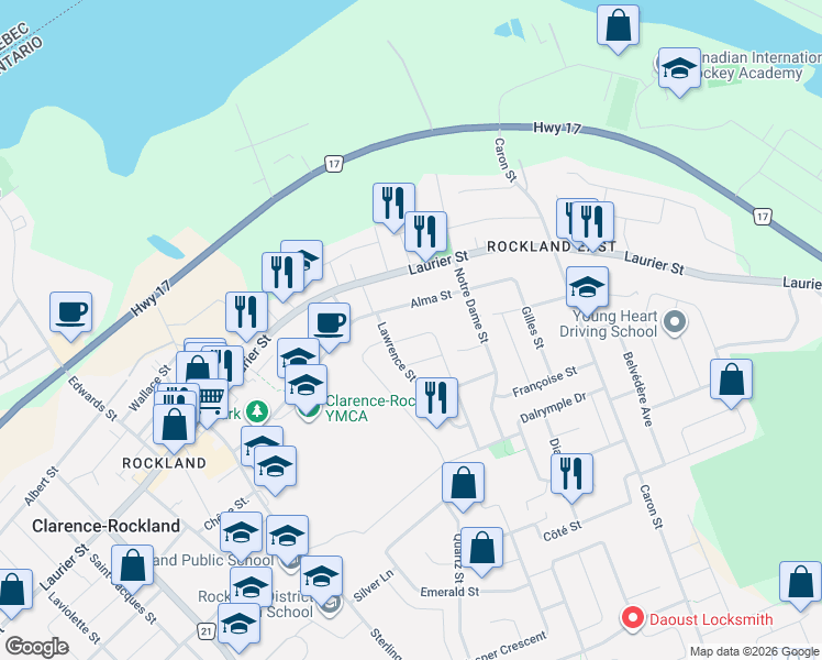 map of restaurants, bars, coffee shops, grocery stores, and more near 697 Morris Street in Clarence-Rockland