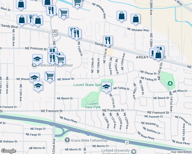 map of restaurants, bars, coffee shops, grocery stores, and more near 12921 Northeast Shaver Street in Portland