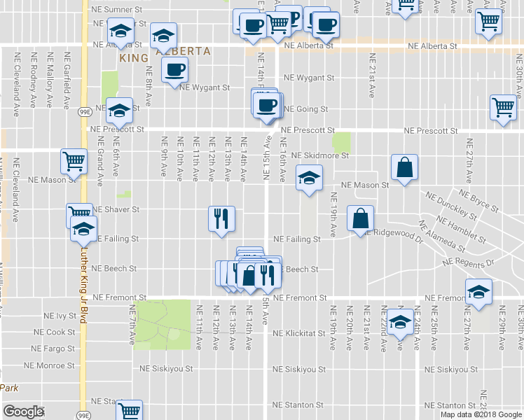 map of restaurants, bars, coffee shops, grocery stores, and more near 4005 Northeast 15th Avenue in Portland