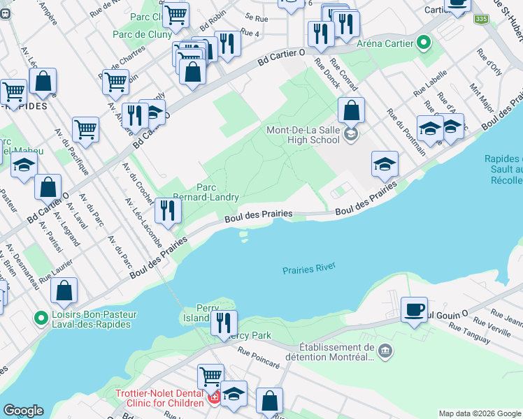 map of restaurants, bars, coffee shops, grocery stores, and more near 191 Boulevard des Prairies in Laval
