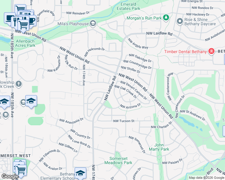 map of restaurants, bars, coffee shops, grocery stores, and more near 16938 Northwest Arizona Drive in Beaverton
