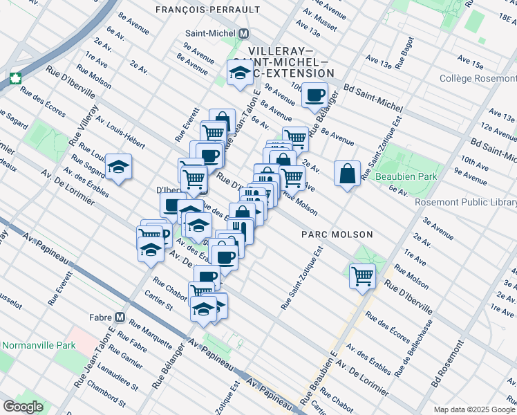 map of restaurants, bars, coffee shops, grocery stores, and more near 2485 Rue Bélanger in Montréal