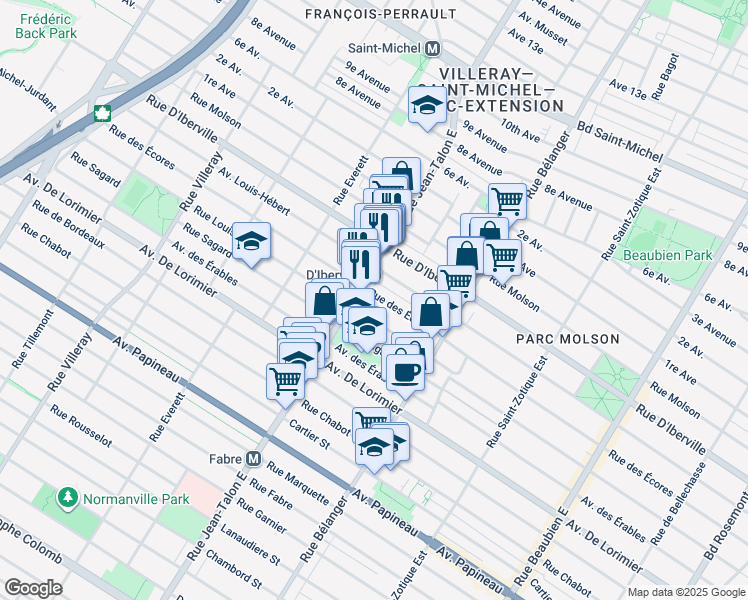 map of restaurants, bars, coffee shops, grocery stores, and more near 7112 Rue des Écores in Montréal
