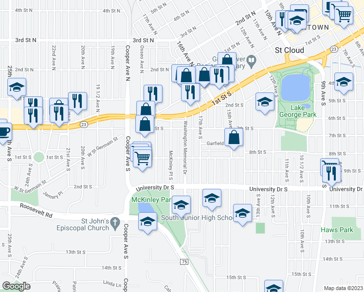 map of restaurants, bars, coffee shops, grocery stores, and more near 729 Washington Memorial Drive in St. Cloud