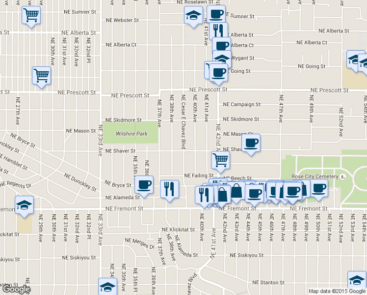 map of restaurants, bars, coffee shops, grocery stores, and more near 4021 Northeast 39th Avenue in Portland