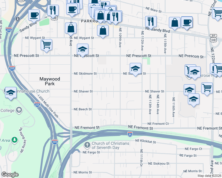 map of restaurants, bars, coffee shops, grocery stores, and more near 10737 Northeast Shaver Street in Portland