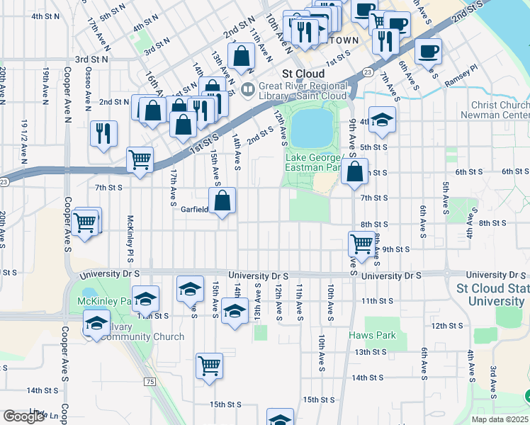 map of restaurants, bars, coffee shops, grocery stores, and more near 730 13th Avenue South in St. Cloud