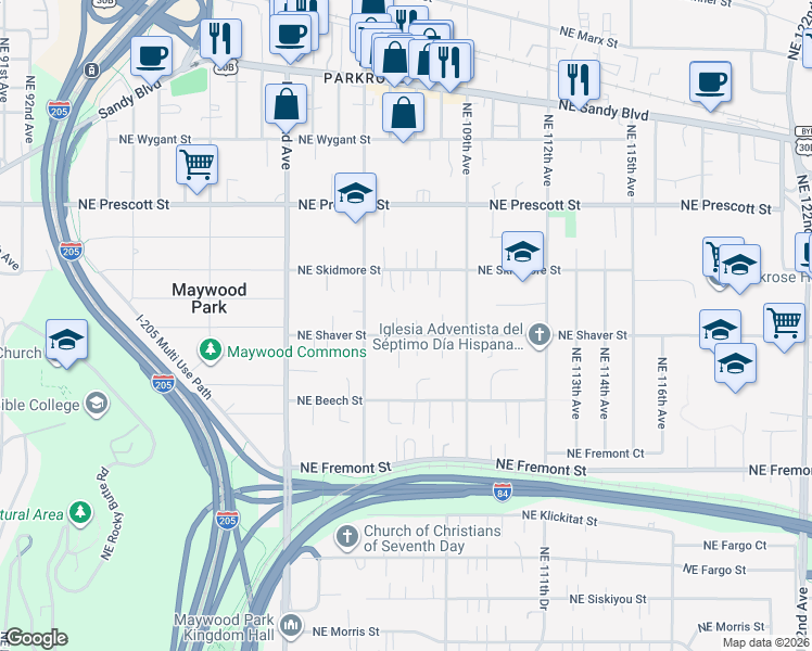map of restaurants, bars, coffee shops, grocery stores, and more near 10633 Northeast Shaver Street in Portland
