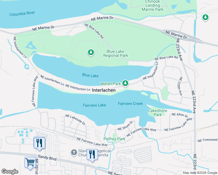 map of restaurants, bars, coffee shops, grocery stores, and more near 21047 Northeast Interlachen Lane in Fairview