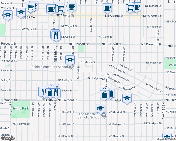 map of restaurants, bars, coffee shops, grocery stores, and more near 2037 Northeast Alameda Street in Portland