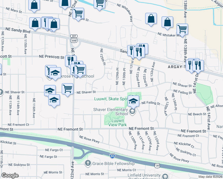 map of restaurants, bars, coffee shops, grocery stores, and more near 12721 Northeast Shaver Street in Portland
