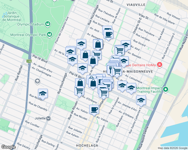 map of restaurants, bars, coffee shops, grocery stores, and more near Avenue Desjardins in Montréal