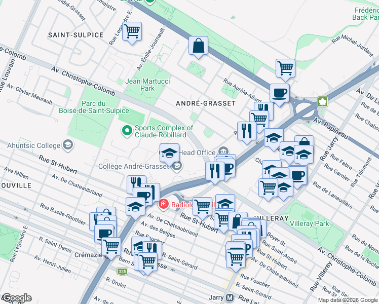 map of restaurants, bars, coffee shops, grocery stores, and more near 8560 Rue Raymond Pelletier in Montréal