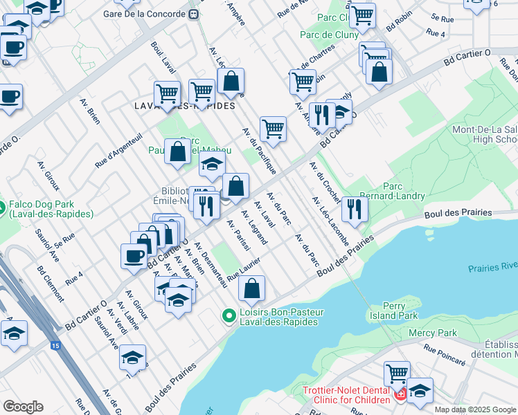 map of restaurants, bars, coffee shops, grocery stores, and more near 100 Avenue Laval in Laval