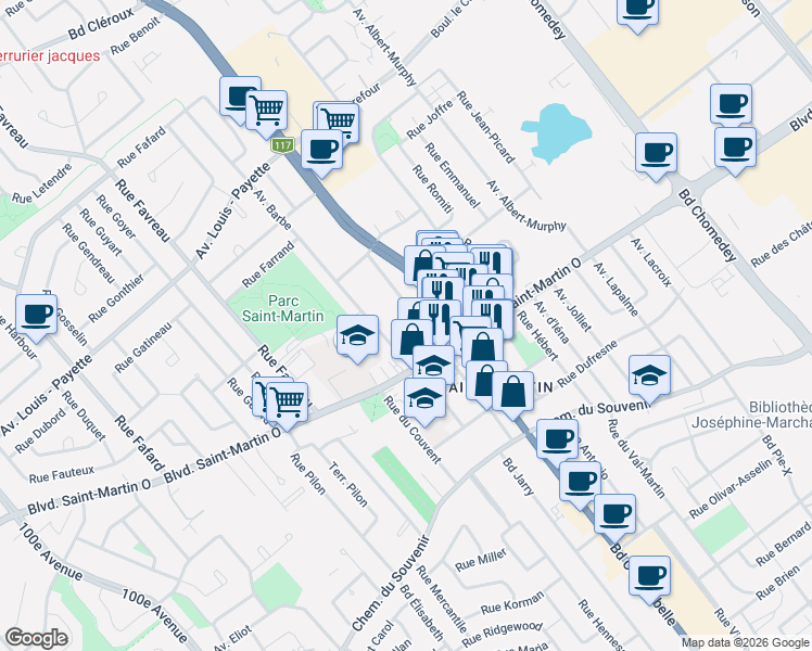 map of restaurants, bars, coffee shops, grocery stores, and more near 963 Rue Cardin in Laval
