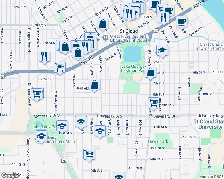 map of restaurants, bars, coffee shops, grocery stores, and more near 730 13th Avenue South in St. Cloud