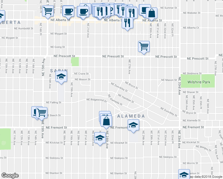 map of restaurants, bars, coffee shops, grocery stores, and more near 2417 Northeast Hamblet Street in Portland