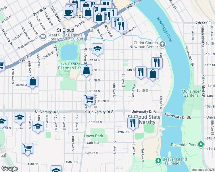 map of restaurants, bars, coffee shops, grocery stores, and more near 720 7th Avenue South in St. Cloud