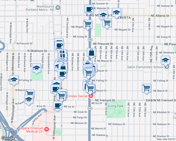 map of restaurants, bars, coffee shops, grocery stores, and more near 375 Northeast Shaver Street in Portland