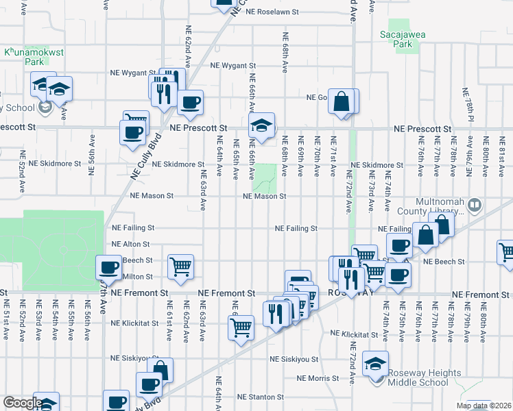 map of restaurants, bars, coffee shops, grocery stores, and more near 4016 Northeast 66th Avenue in Portland