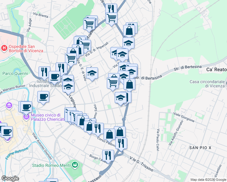 map of restaurants, bars, coffee shops, grocery stores, and more near 20 Viale Ambrogio Fusinieri in Vicenza