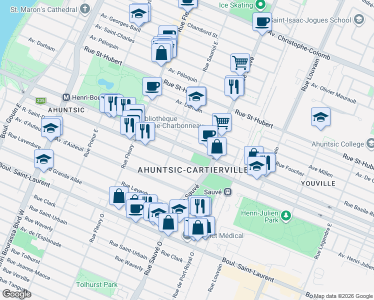 map of restaurants, bars, coffee shops, grocery stores, and more near 9950 Rue Lajeunesse in Montréal