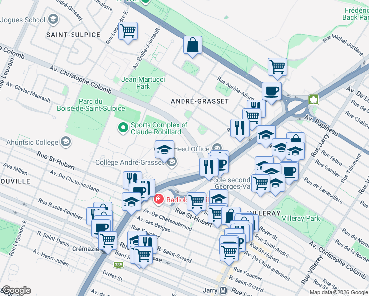 map of restaurants, bars, coffee shops, grocery stores, and more near 8540 Rue Raymond Pelletier in Montréal
