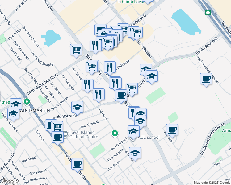 map of restaurants, bars, coffee shops, grocery stores, and more near 1510 Boulevard Chomedey in Laval