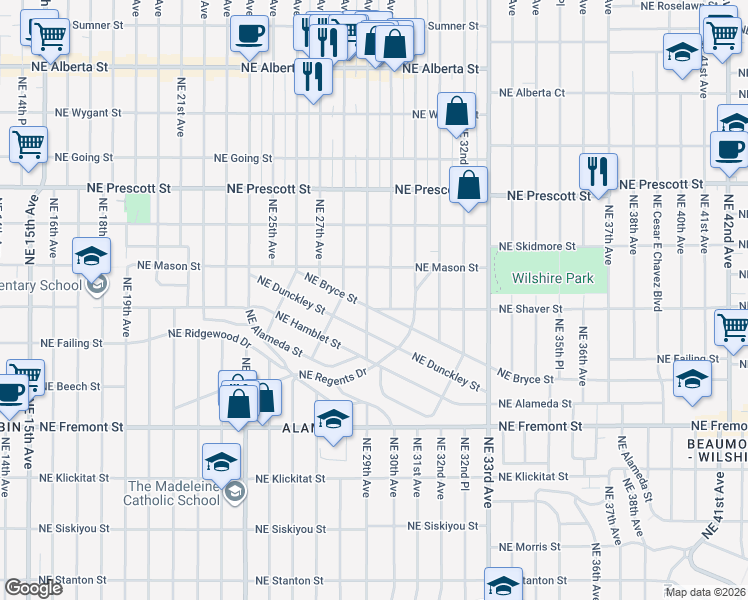 map of restaurants, bars, coffee shops, grocery stores, and more near 4010 Northeast 29th Avenue in Portland
