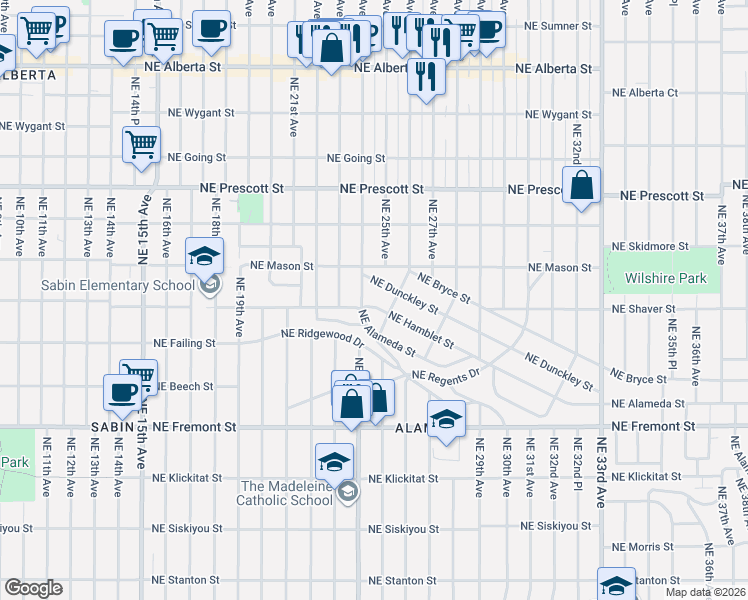 map of restaurants, bars, coffee shops, grocery stores, and more near 2417 Northeast Hamblet Street in Portland