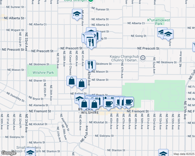 map of restaurants, bars, coffee shops, grocery stores, and more near 4317 Northeast Shaver Street in Portland