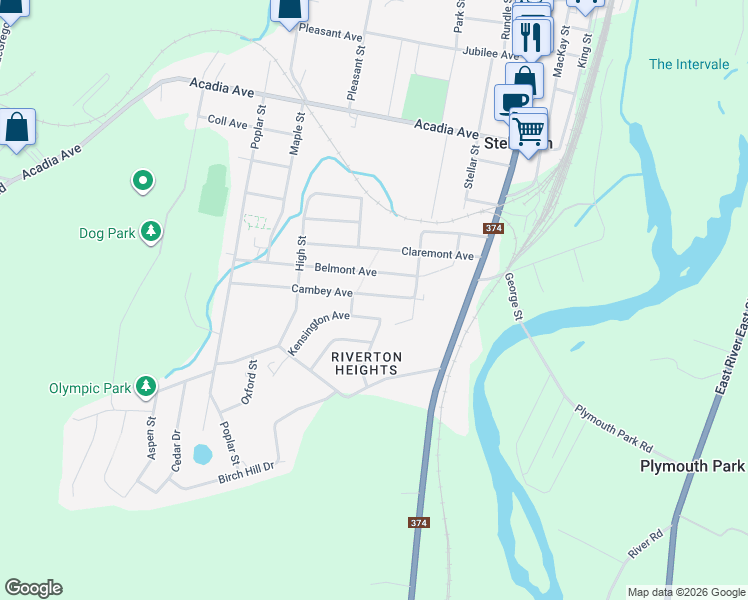 map of restaurants, bars, coffee shops, grocery stores, and more near 27 Cambey Avenue in Stellarton