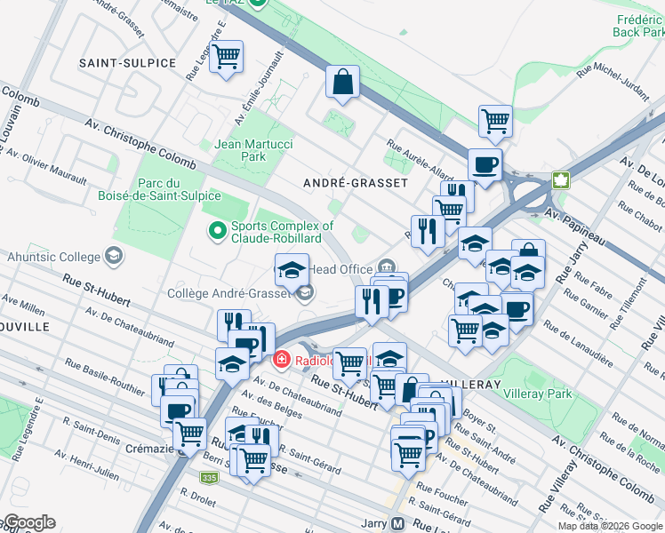 map of restaurants, bars, coffee shops, grocery stores, and more near 8520 Rue Raymond Pelletier in Montréal