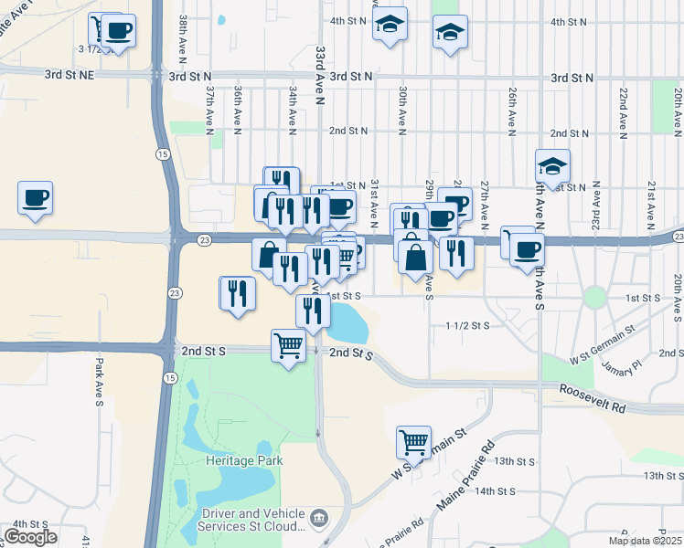 map of restaurants, bars, coffee shops, grocery stores, and more near 44 33rd Avenue South in St. Cloud
