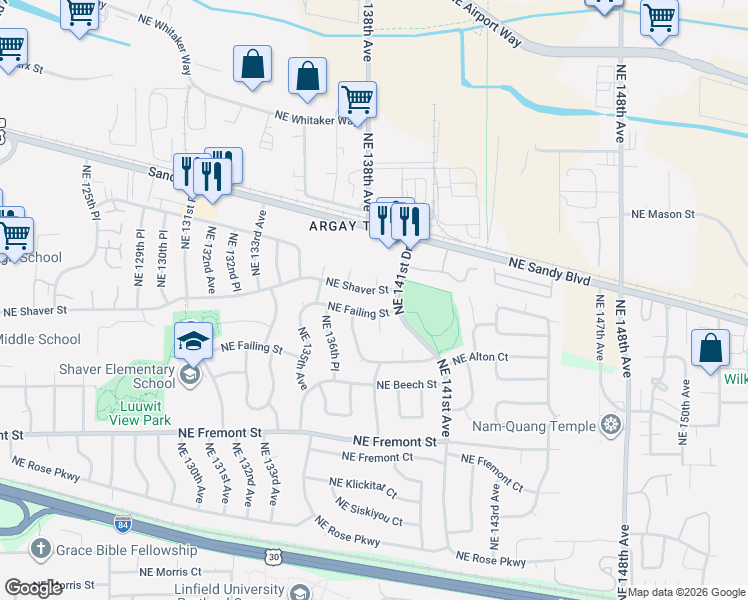 map of restaurants, bars, coffee shops, grocery stores, and more near 13709 Northeast Failing Street in Portland