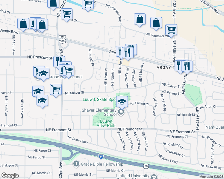 map of restaurants, bars, coffee shops, grocery stores, and more near 12921 Northeast Shaver Street in Portland