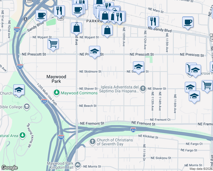map of restaurants, bars, coffee shops, grocery stores, and more near 10633 Northeast Shaver Street in Portland